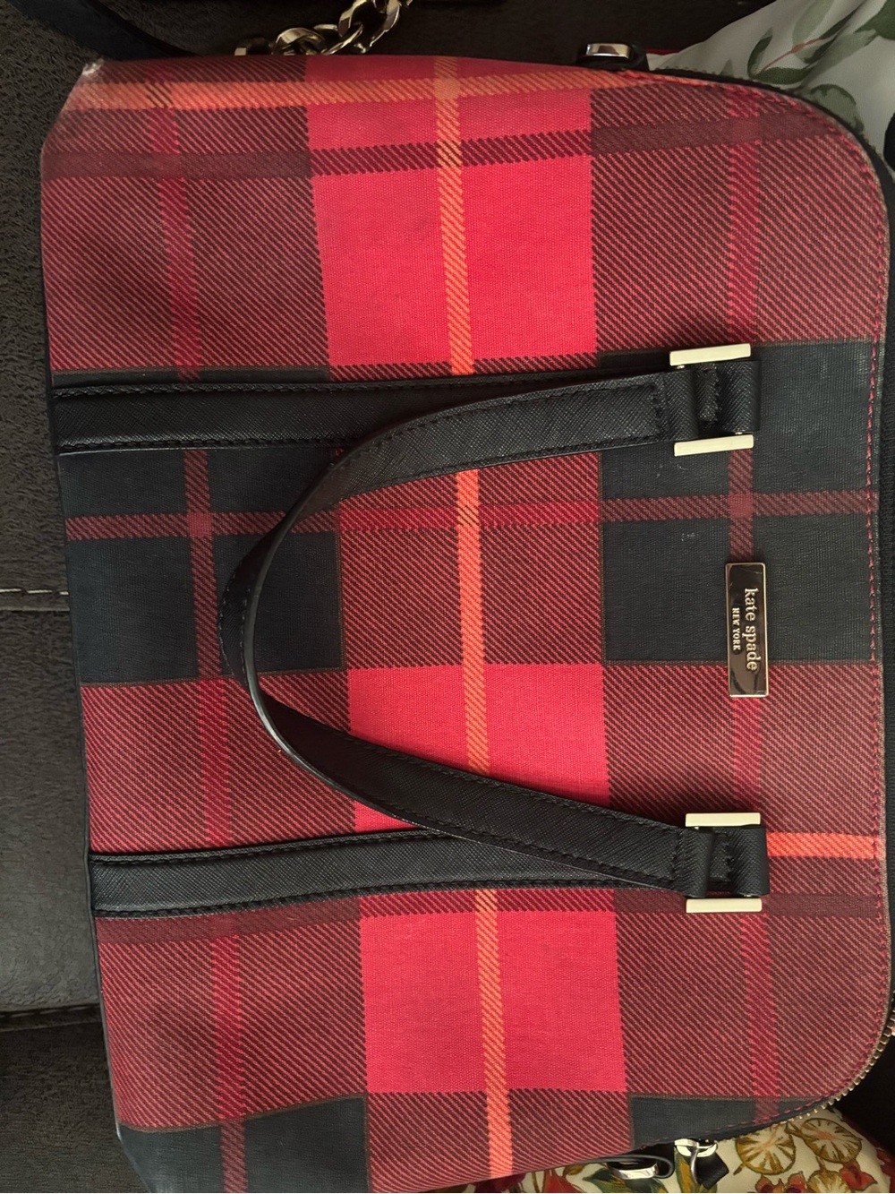 kate spade Red and Black Plaid Tote with Gold Hardware
